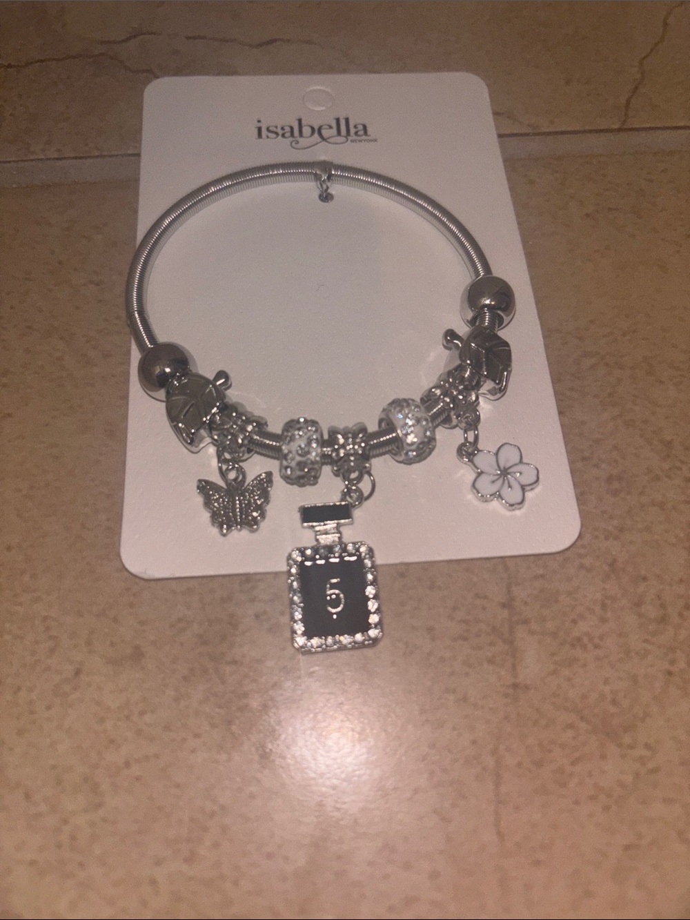 Silver Charm Bangle with Perfume Bottle, Flower & Butterfly Charms - Picture 2 of 4